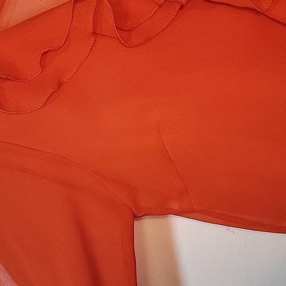 RED Sheer Ruffled collar and sleeve button up 3/4 sleeve. Size M - Picture 5 of 7